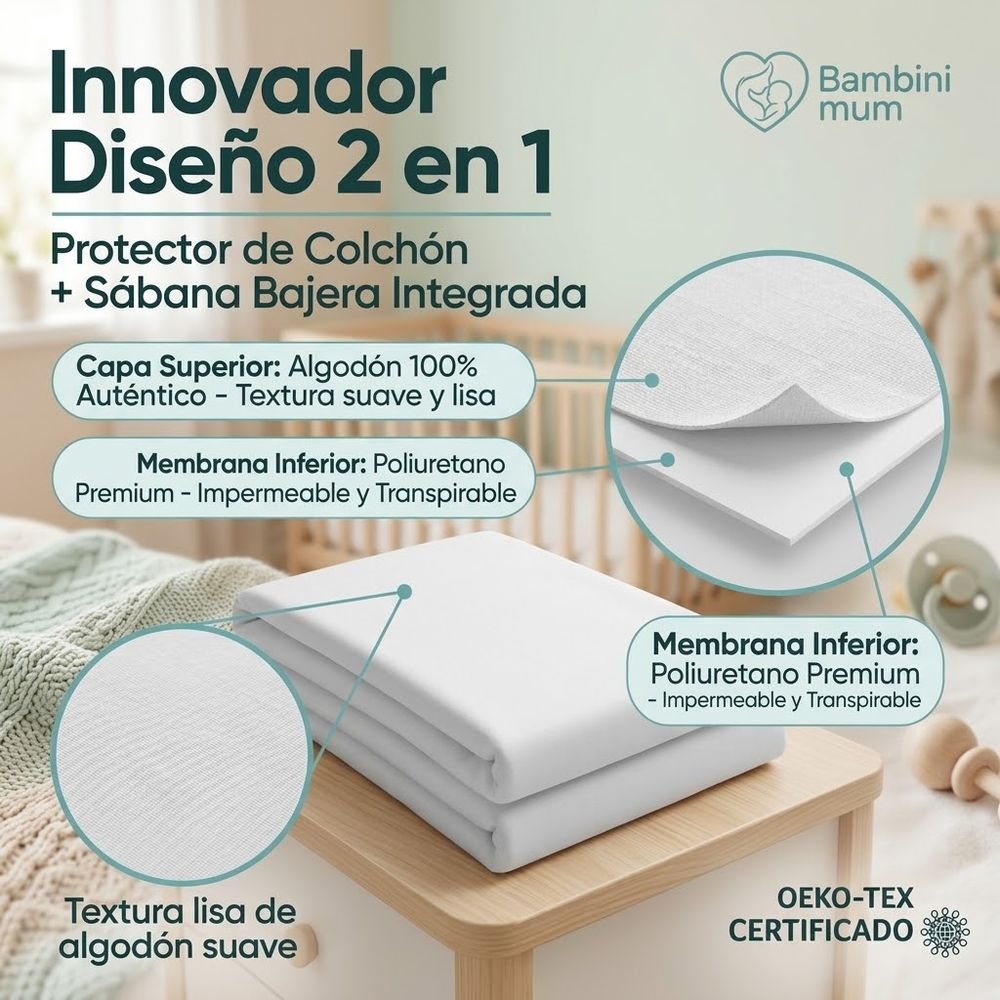 Protector de colchón 2 en 1: capa superior de algodón 100% y membrana de poliuretano impermeable y transpirable