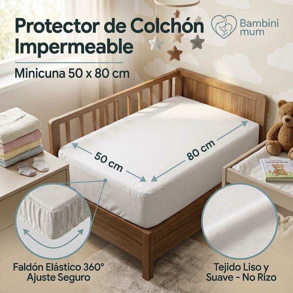 Protector de colchón para minicuna 50x80 cm con faldón elástico, tejido liso sin rizo